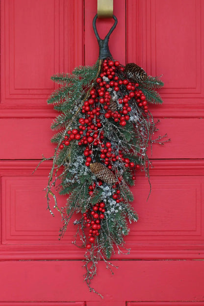 Yulemere waterproof red berry pinecone iced twig Christmas swag detail view 3